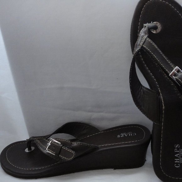 Chaps Shoes - Chaps Brown Silver Buckle Wedge Thong Flip Flop